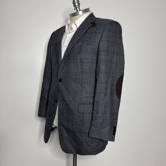 Tommy Hilfiger Men's Gray Plaid‎ Blazer Jacket Brown Elbow Patches 42L - Picture 1 of 11